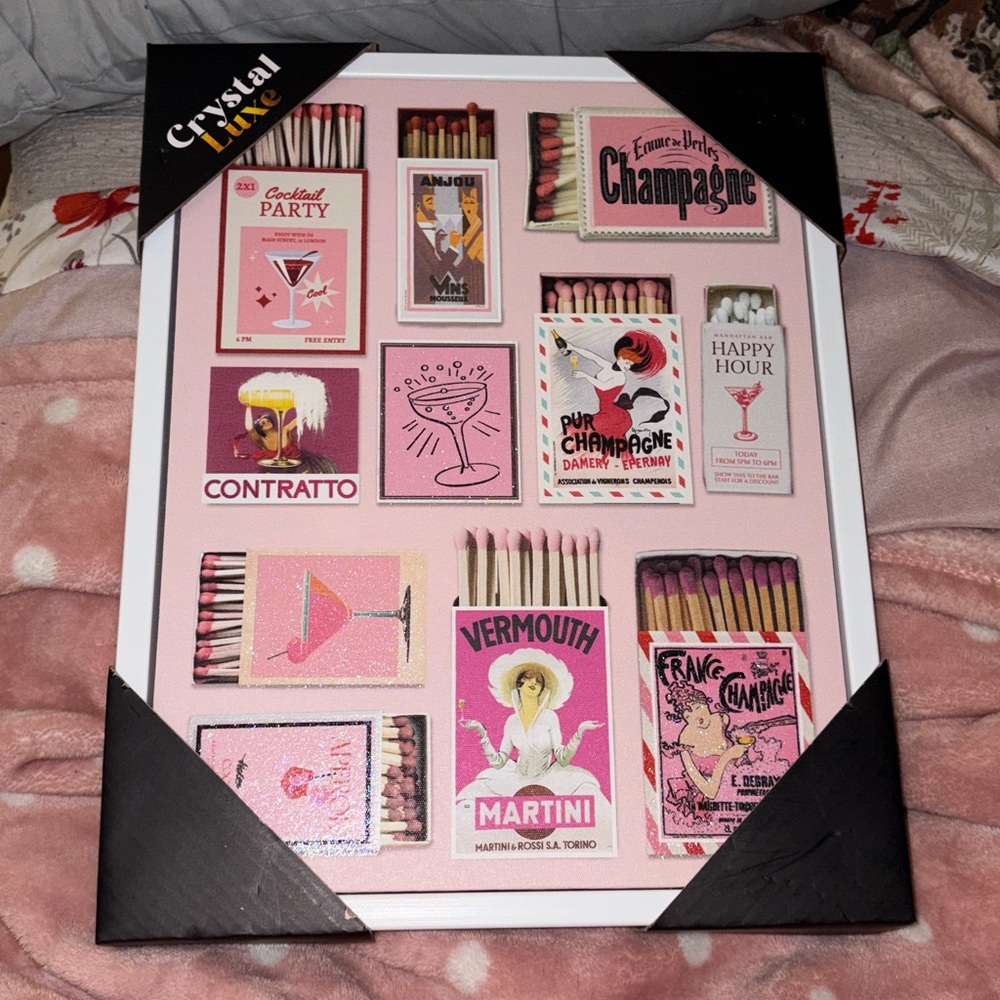 Crystal Luxe Pink Champagne & Cocktail Matchbox Wall Art NWT